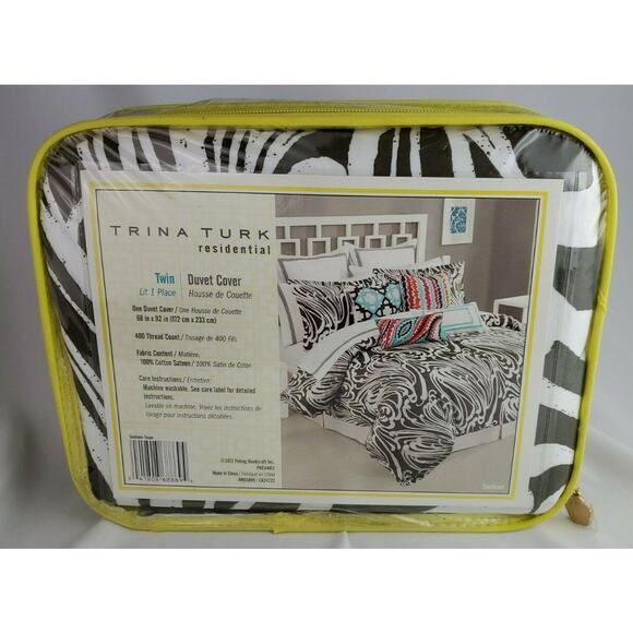 Trina Turk Twin Duvet Cover Seafoam Brown White 100% Cotton Sateen New - Picture 3 of 5